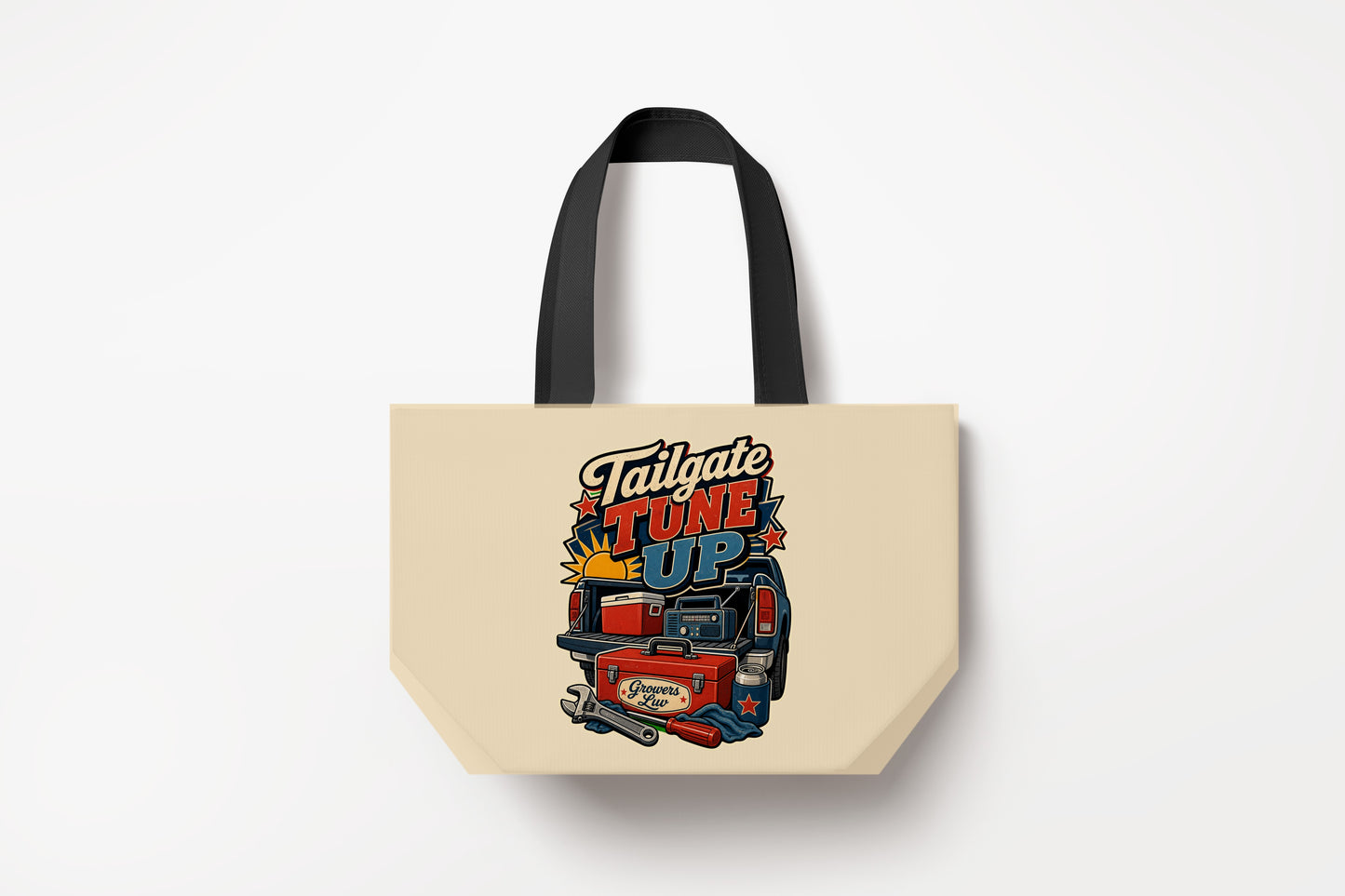 Tailgate Tune Up Large Natural Tote Bag product mockup on natural tote bag