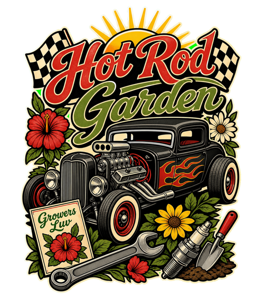 Hot Rod Garden Men's Gildan Graphic Tee artwork detail