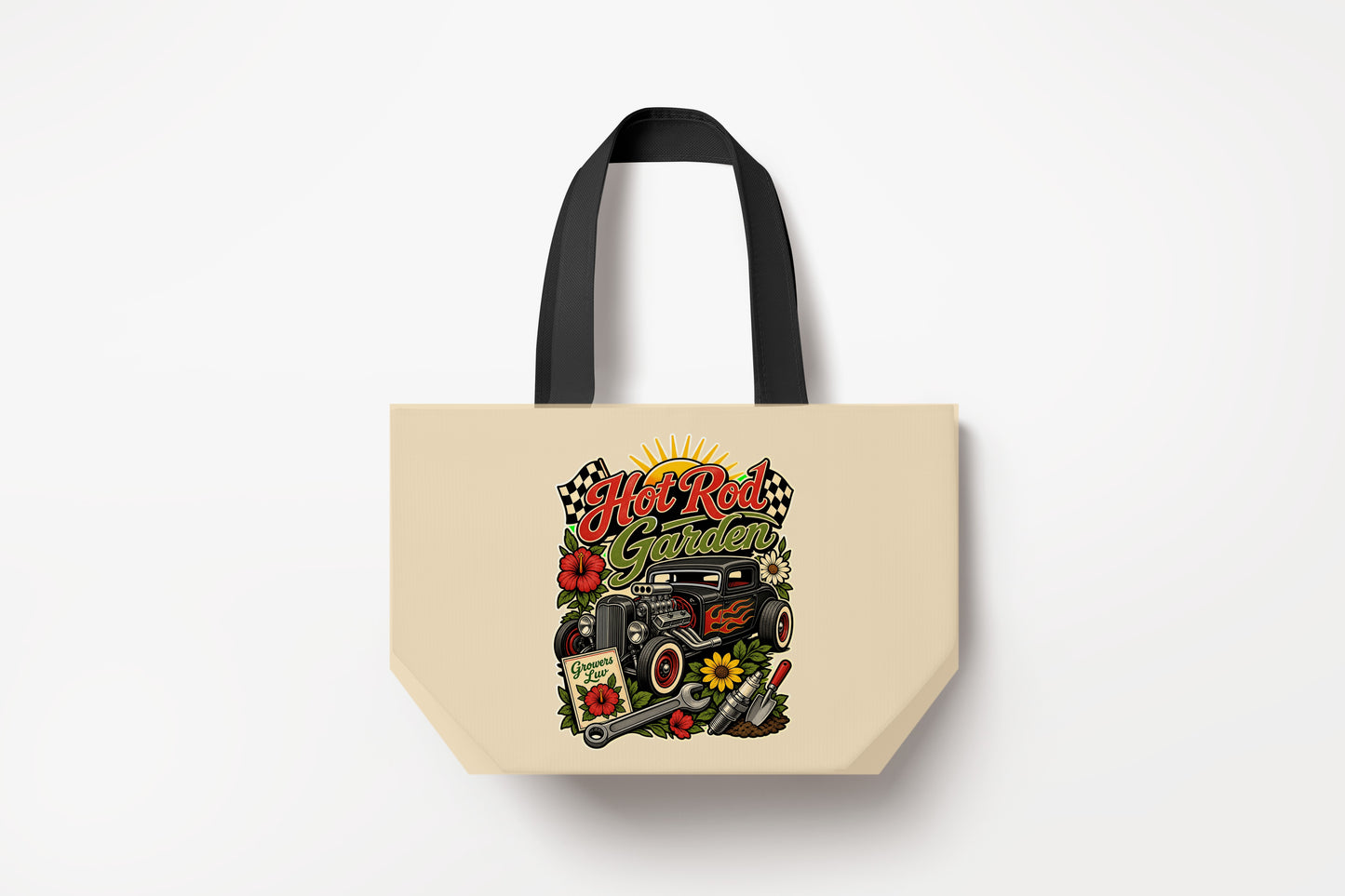 Hot Rod Garden Large Natural Tote Bag product mockup on natural tote bag