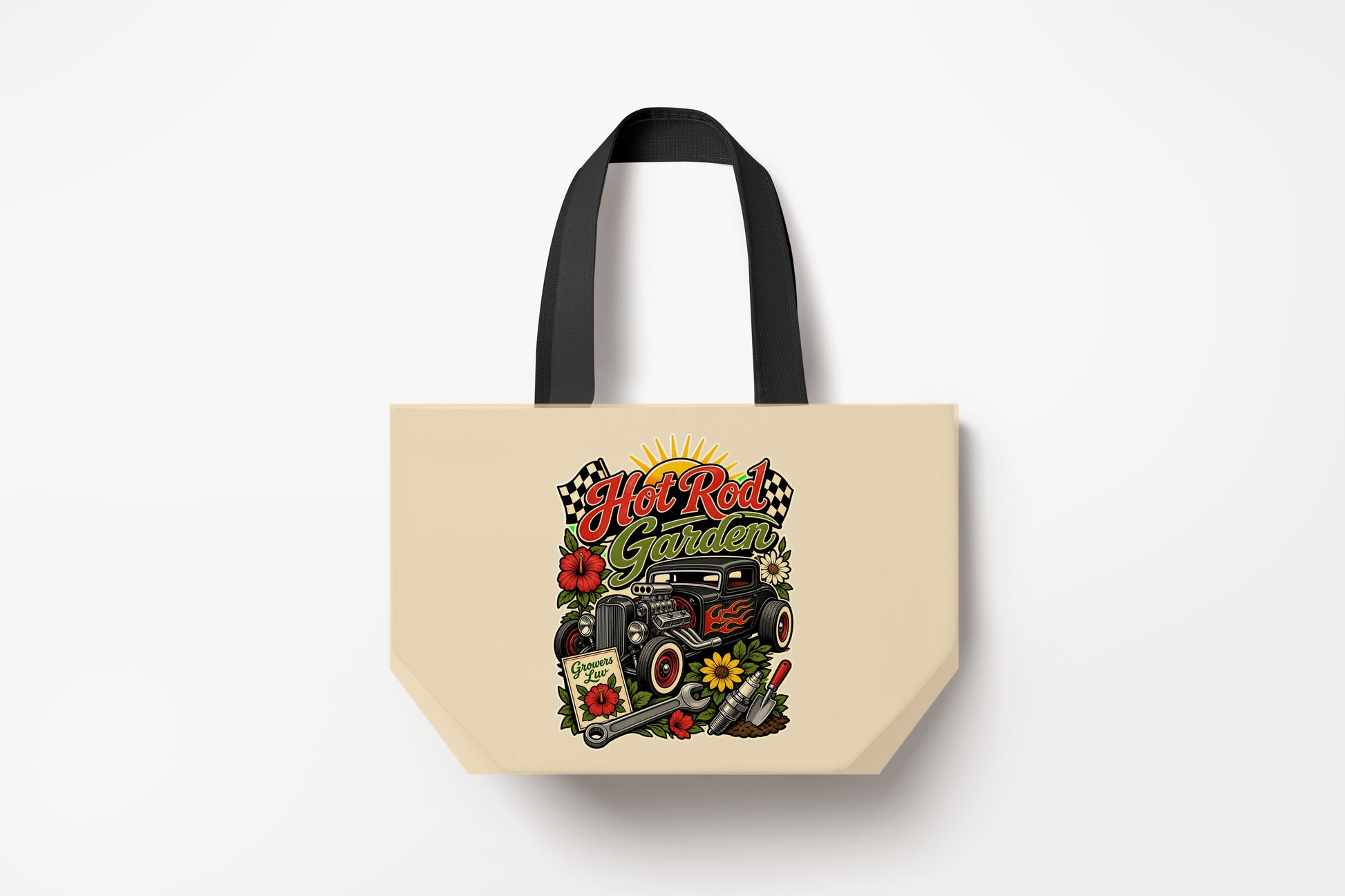 Hot Rod Garden Large Natural Tote Bag product mockup on natural tote bag