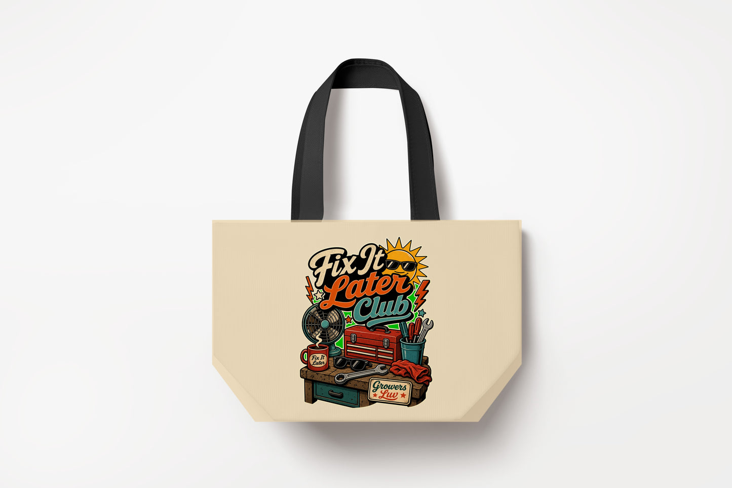 Fix It Later Club Large Natural Tote Bag product mockup on natural tote bag
