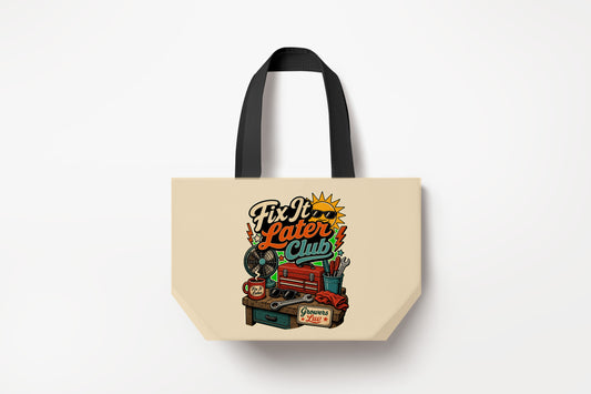 Fix It Later Club Large Natural Tote Bag product mockup on natural tote bag