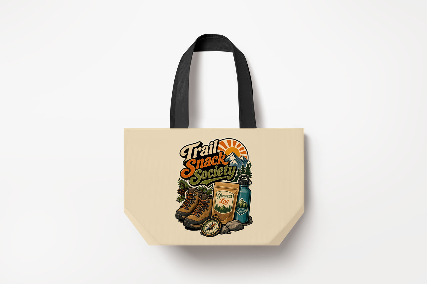Trail Snack Society Large Natural Tote Bag product mockup on natural tote bag