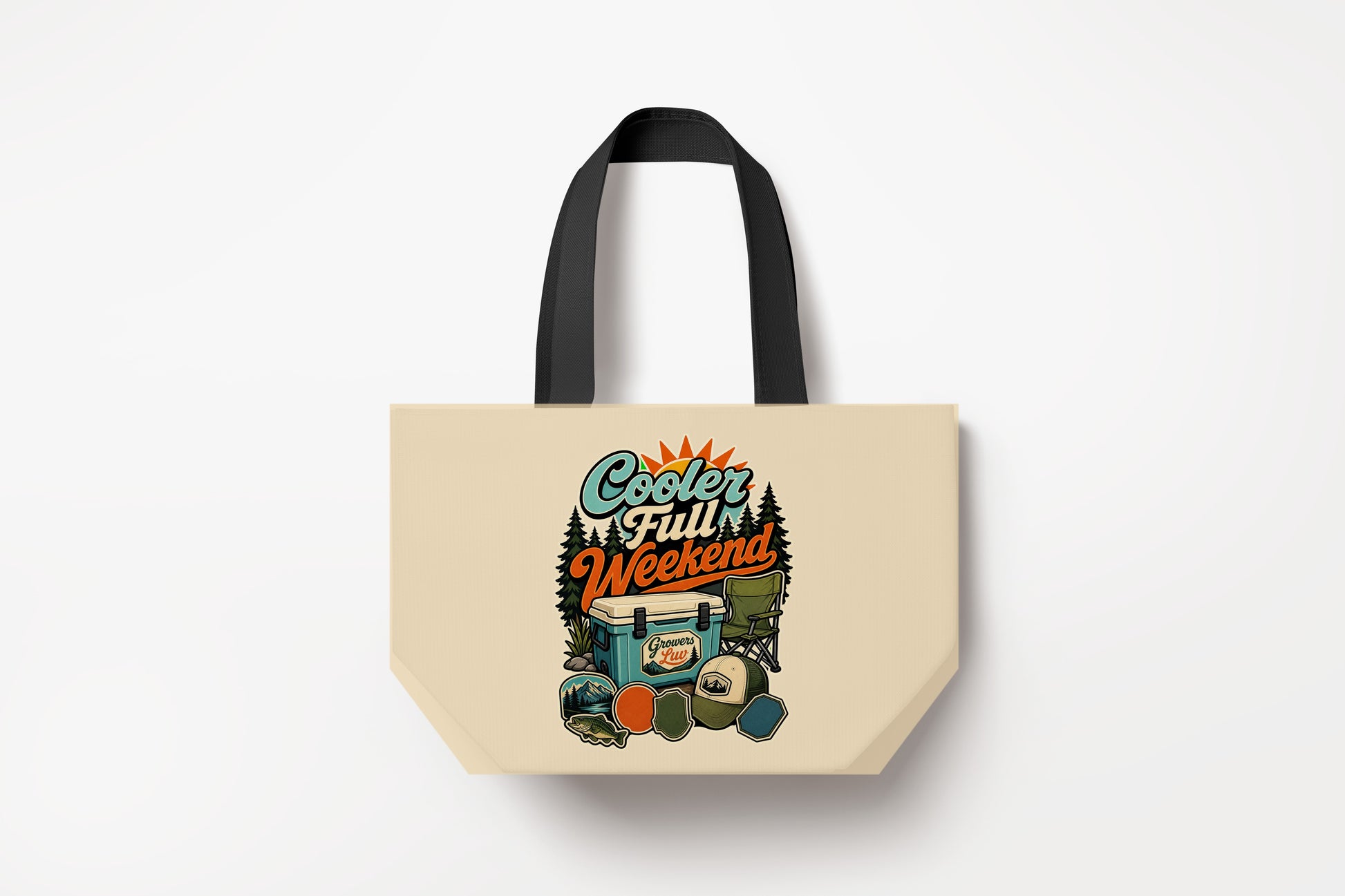 Cooler Full Weekend Large Natural Tote Bag product mockup on natural tote bag