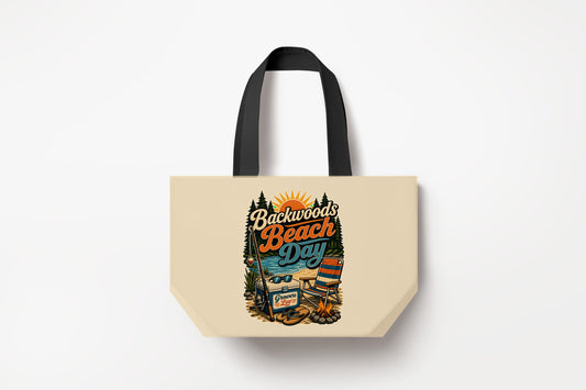 Backwoods Beach Day Large Natural Tote Bag product mockup on natural tote bag