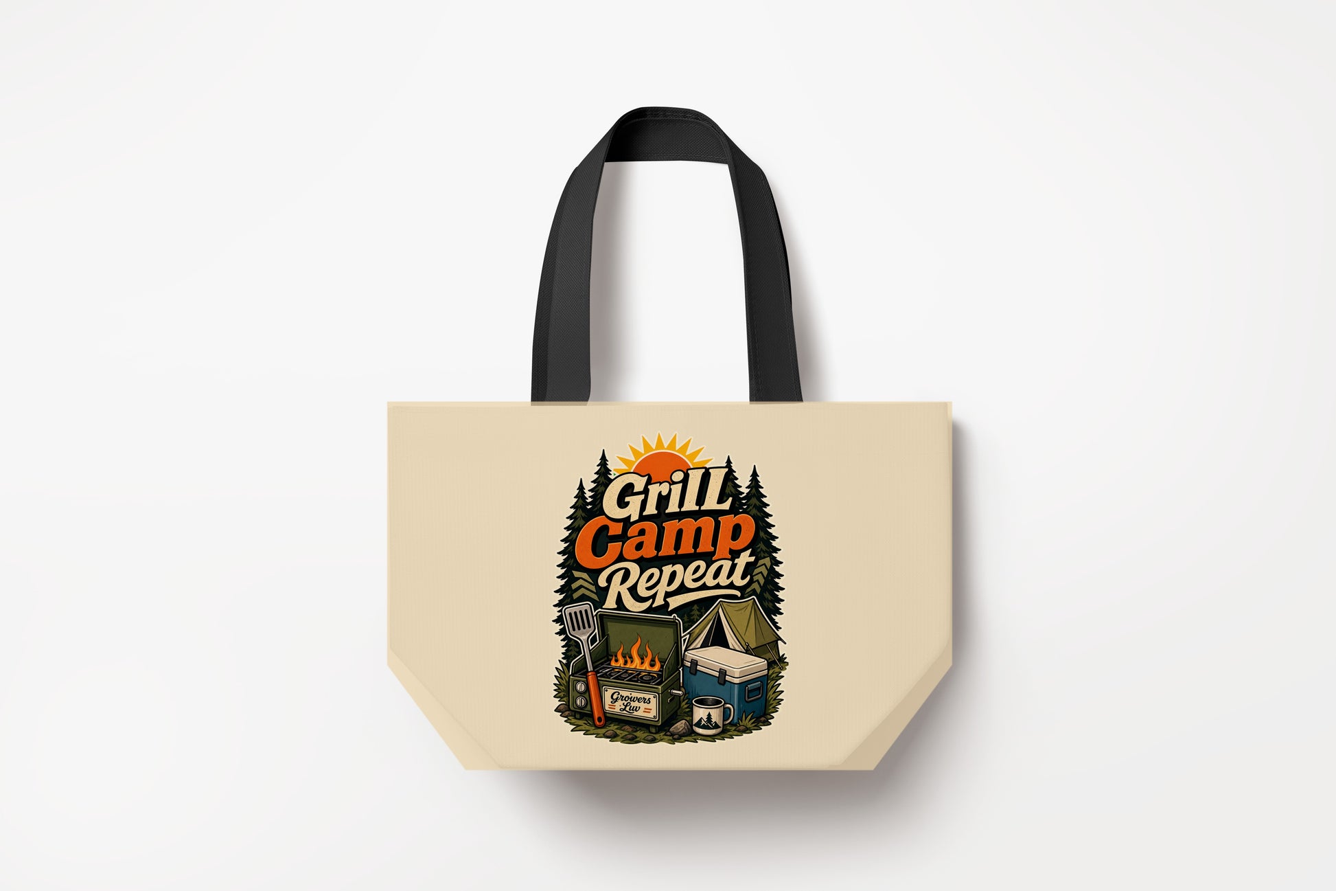 Grill Camp Repeat Large Natural Tote Bag product mockup on natural tote bag