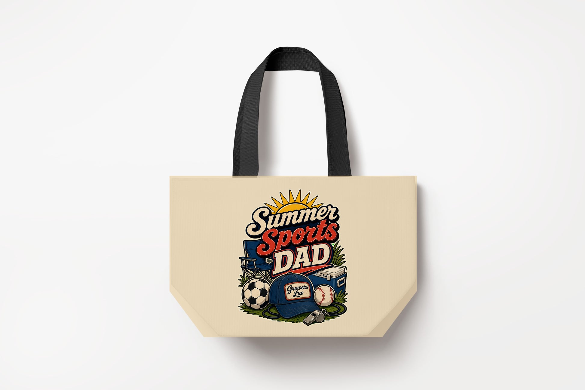Summer Sports Dad Large Natural Tote Bag product mockup on natural tote bag