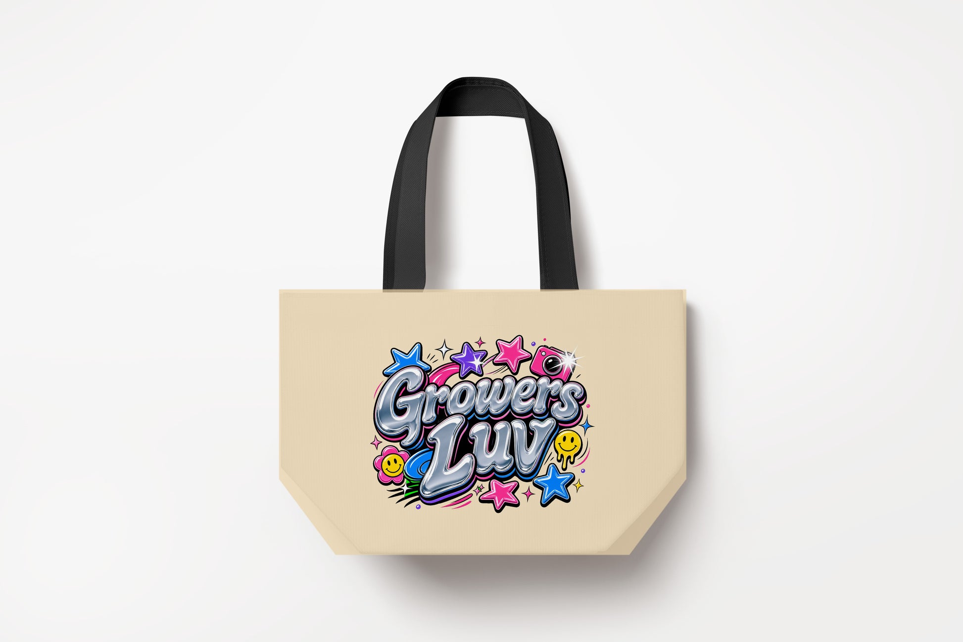 Chrome Bubble Logo Large Natural Tote Bag product mockup on natural tote bag