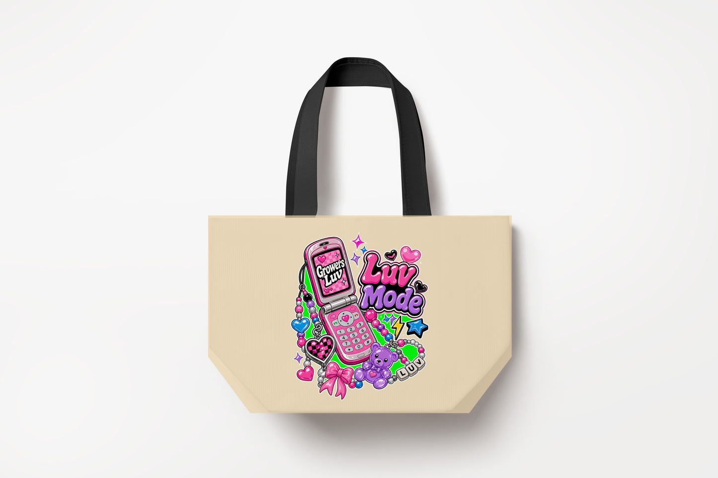 Luv Mode Phone Large Natural Tote Bag product mockup on natural tote bag