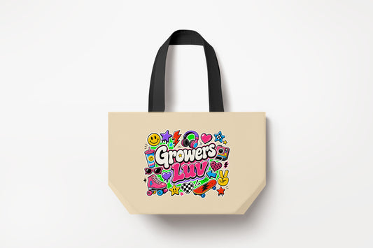 Stickerbomb Large Natural Tote Bag product mockup on natural tote bag