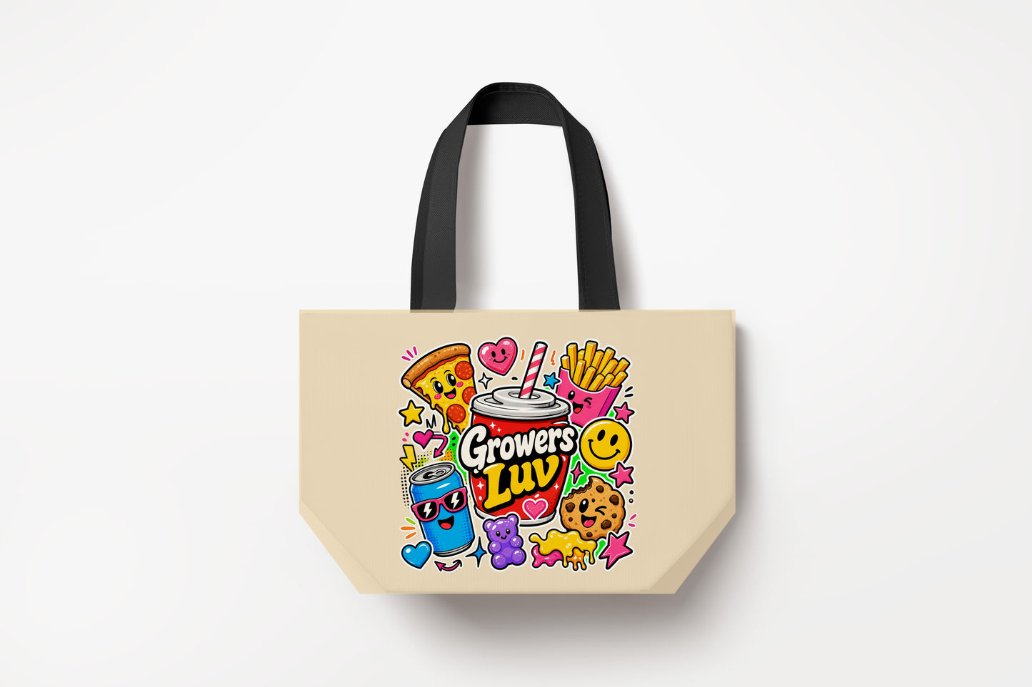 Snack Party Large Natural Tote Bag product mockup on natural tote bag