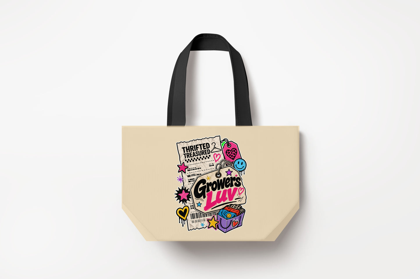 Thrift Haul Large Natural Tote Bag product mockup on natural tote bag