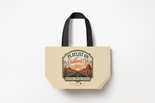 Playlist On Problems Off Large Natural Tote Bag product mockup on natural tote bag