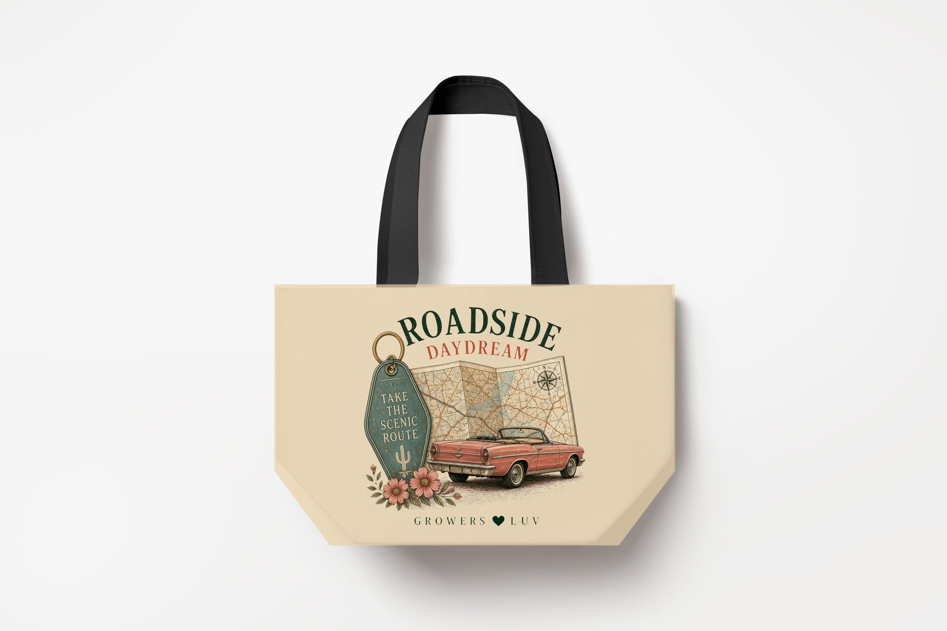 Roadside Daydream Large Natural Tote Bag product mockup on natural tote bag