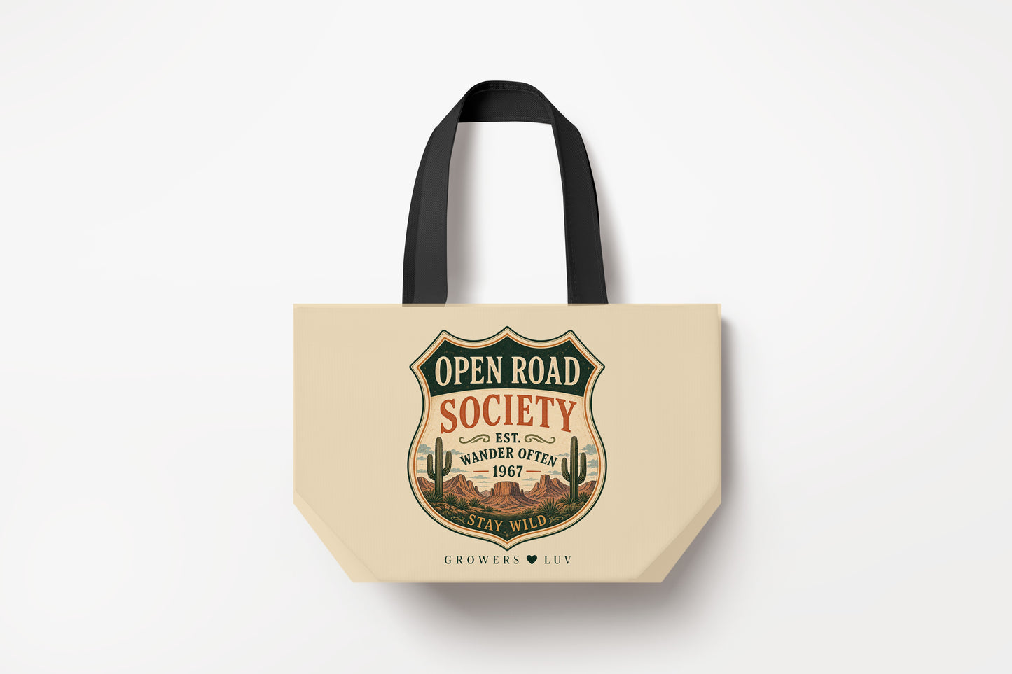 Open Road Society Large Natural Tote Bag product mockup on natural tote bag