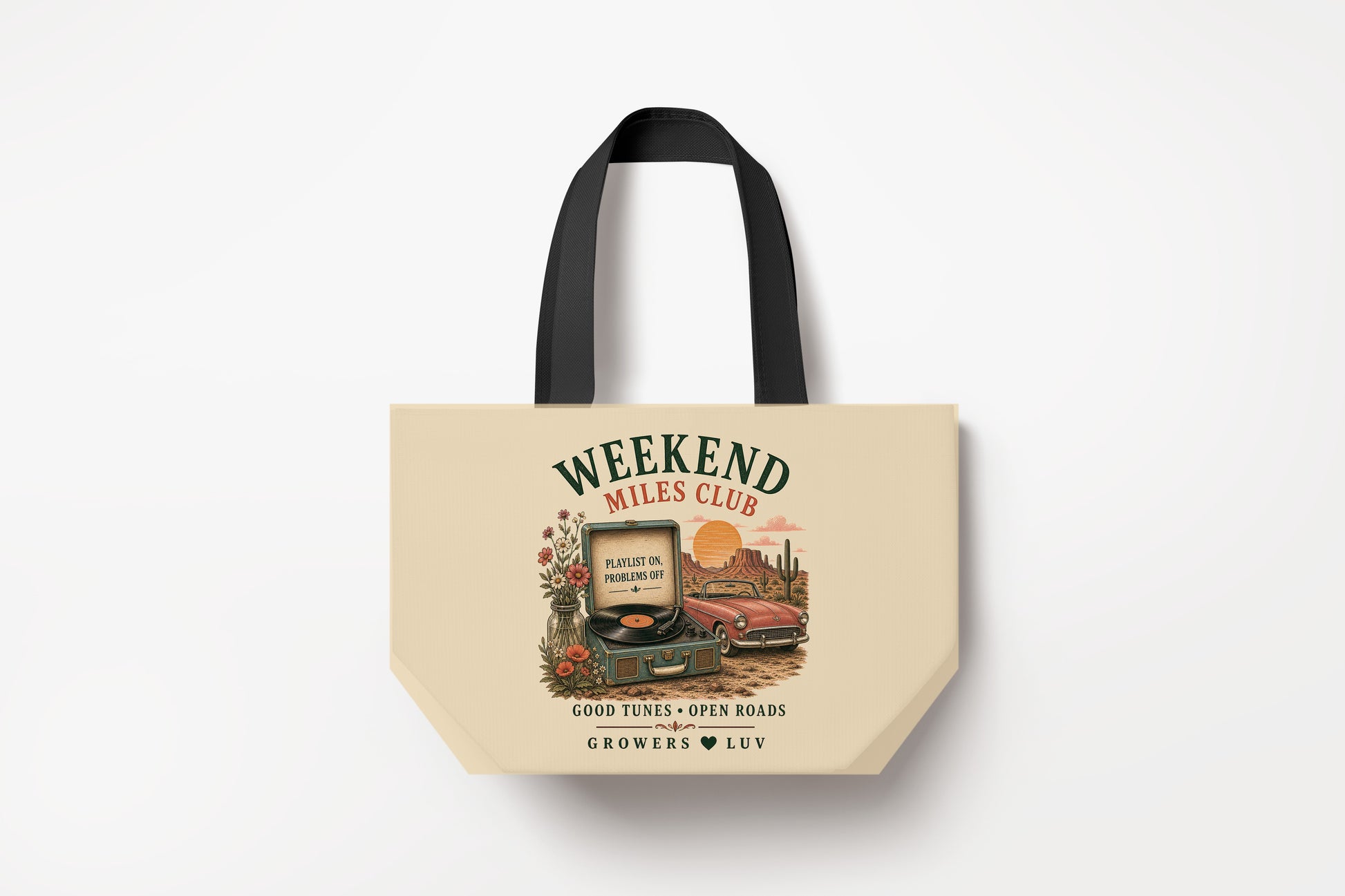 Weekend Miles Club Large Natural Tote Bag product mockup on natural tote bag
