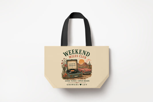 Weekend Miles Club Large Natural Tote Bag product mockup on natural tote bag