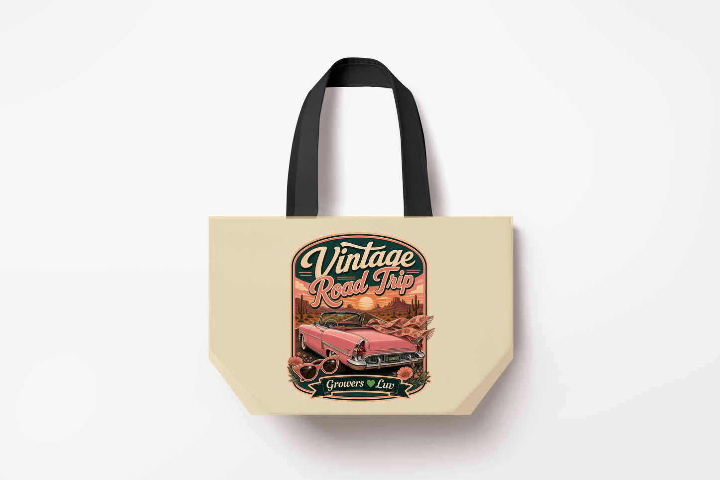 Vintage Road Trip Large Natural Tote Bag product mockup on natural tote bag
