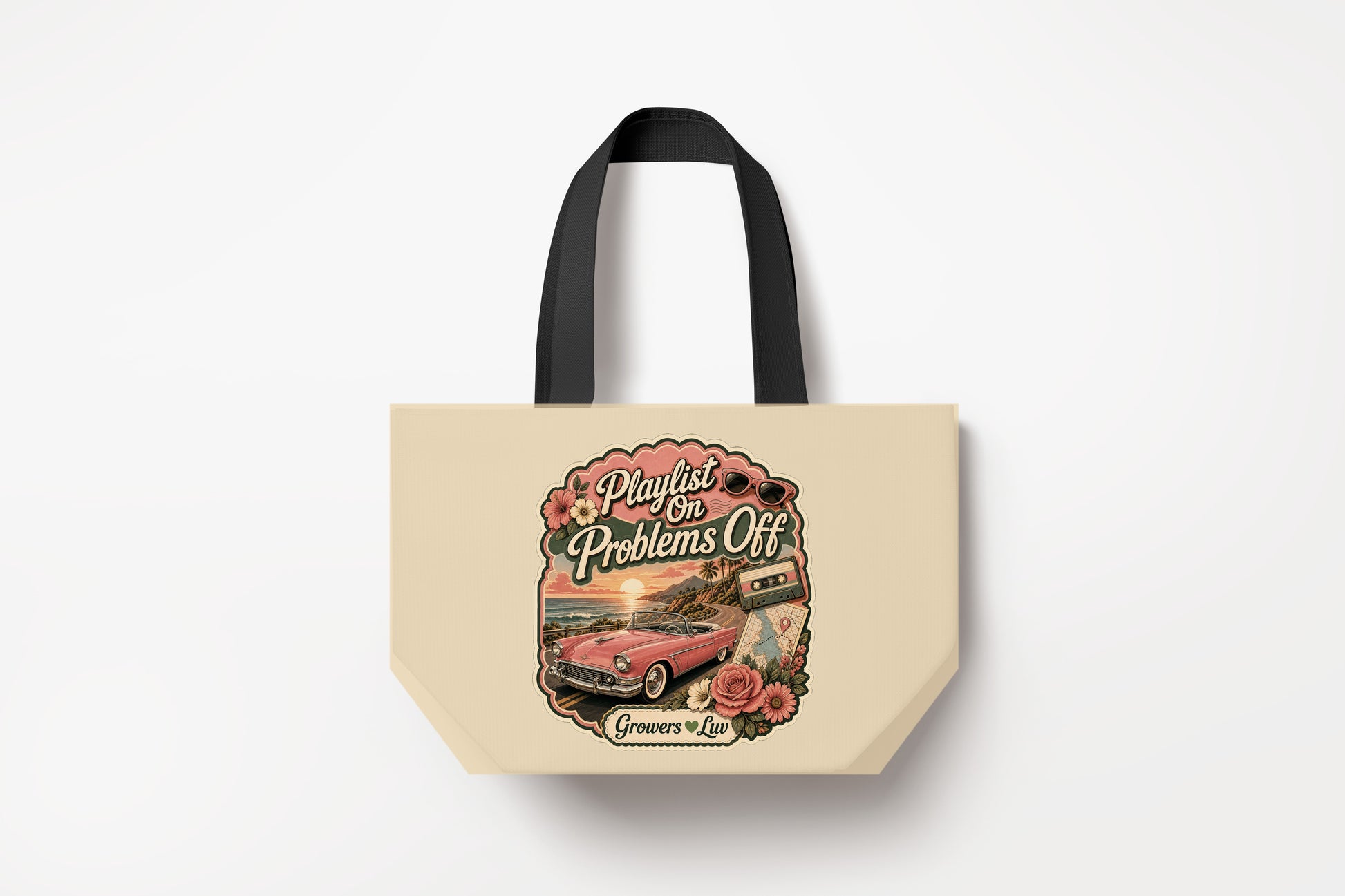 Playlist On Problems Off Large Natural Tote Bag product mockup on natural tote bag