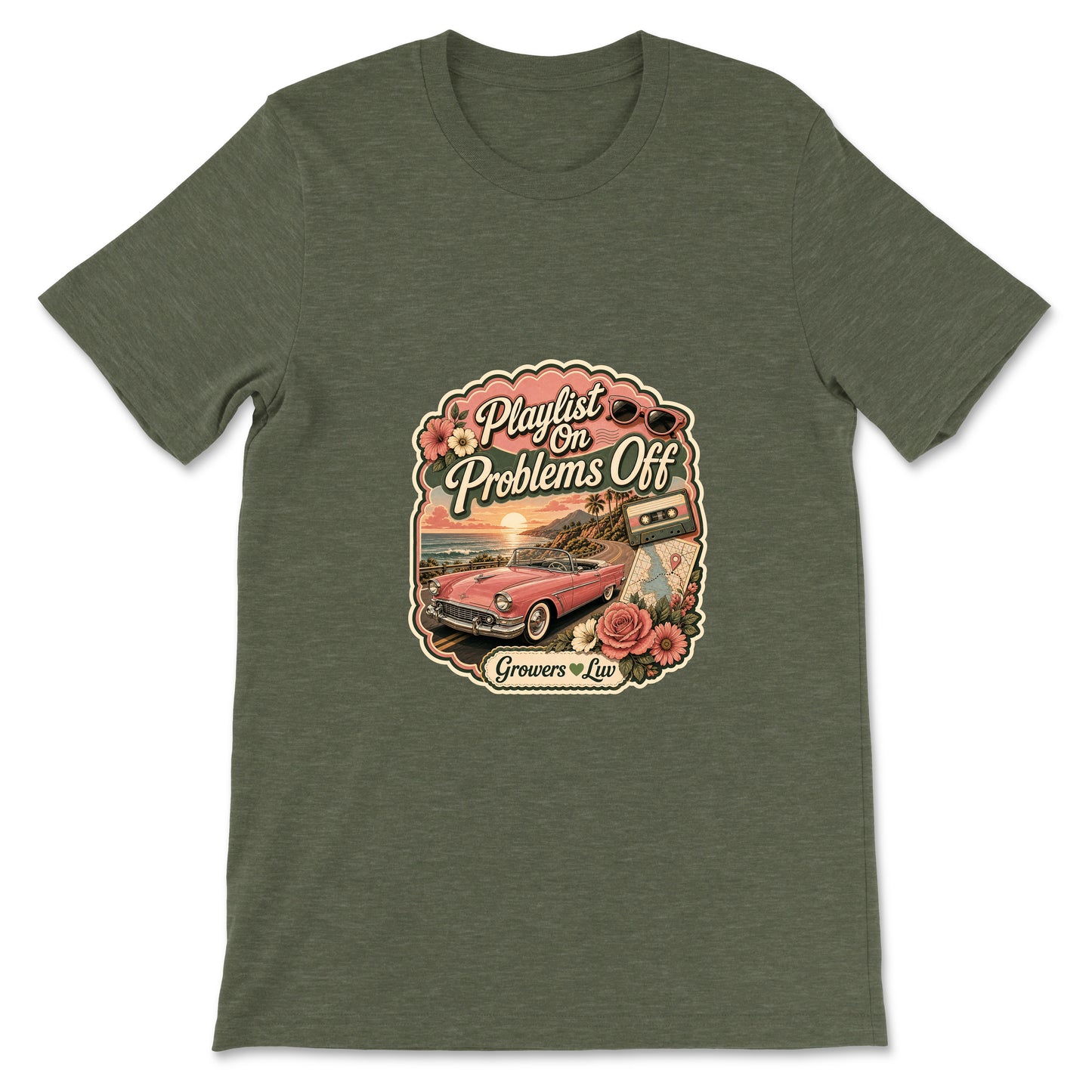 Playlist On Problems Off Women's Bella Canvas Graphic Tee in Heather Military Green