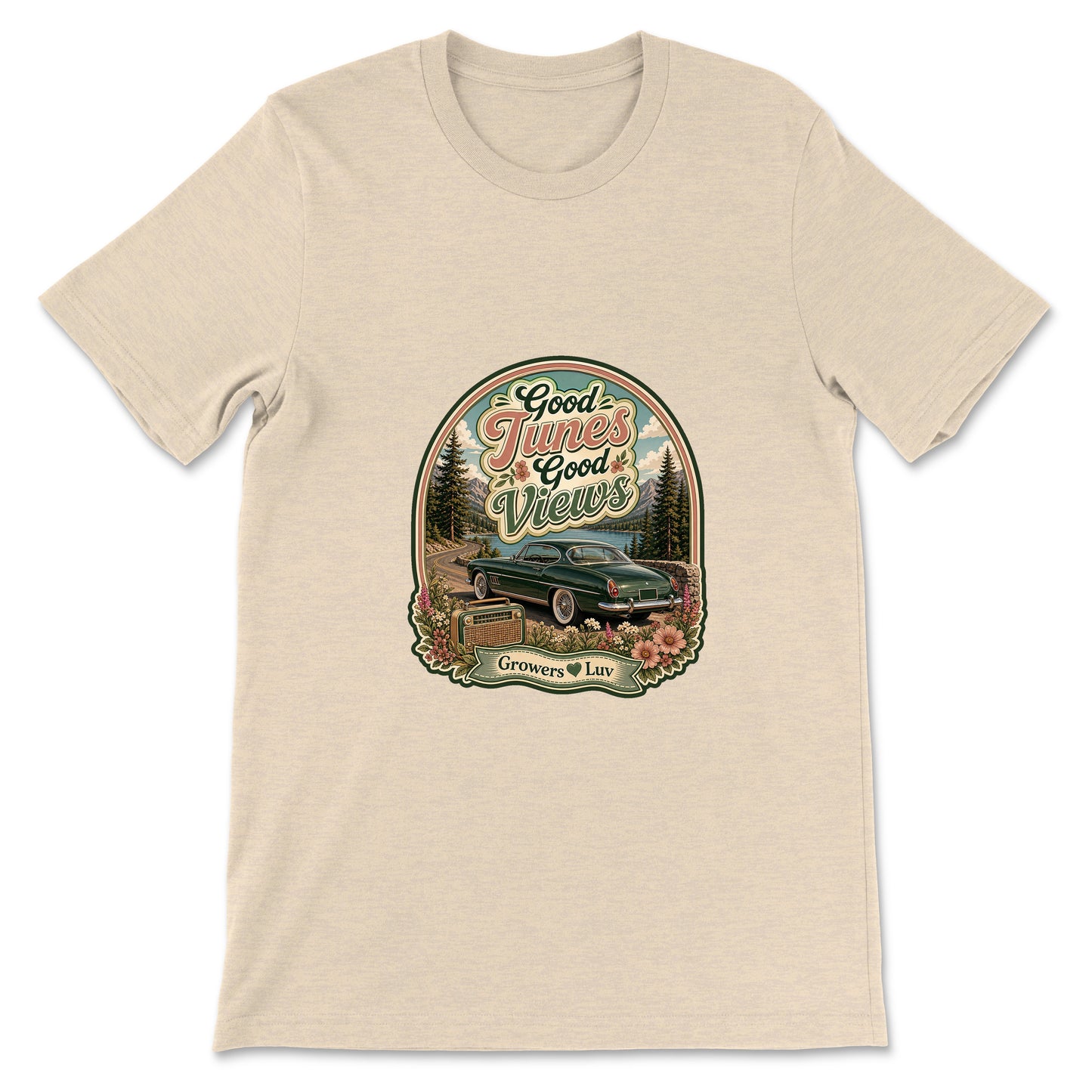 Good Tunes Good Views Women's Bella Canvas Graphic Tee in Heather Dust