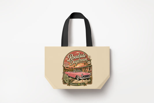 Roadside Daydream Large Natural Tote Bag product mockup on natural tote bag