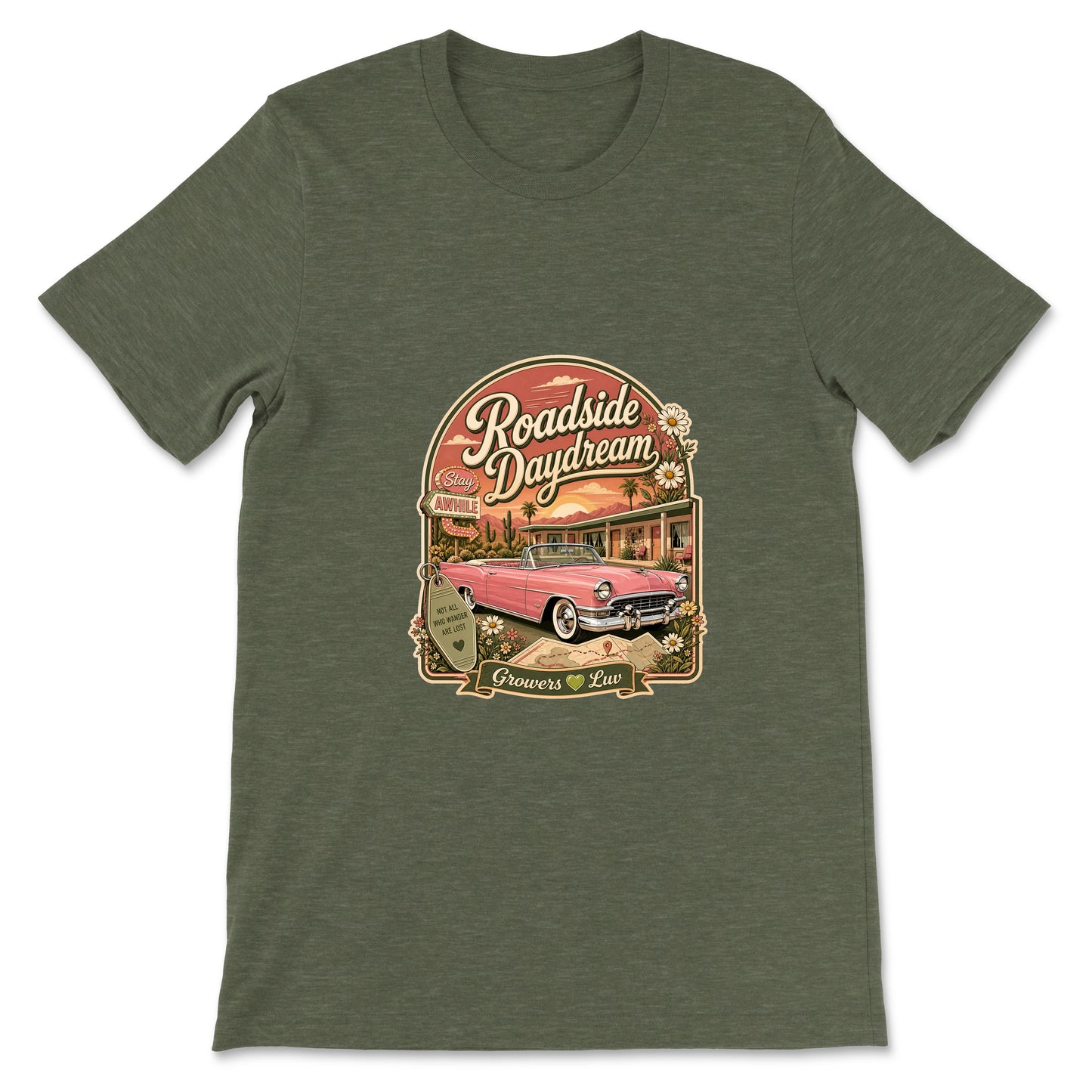 Roadside Daydream Women's Bella Canvas Graphic Tee in Heather Military Green