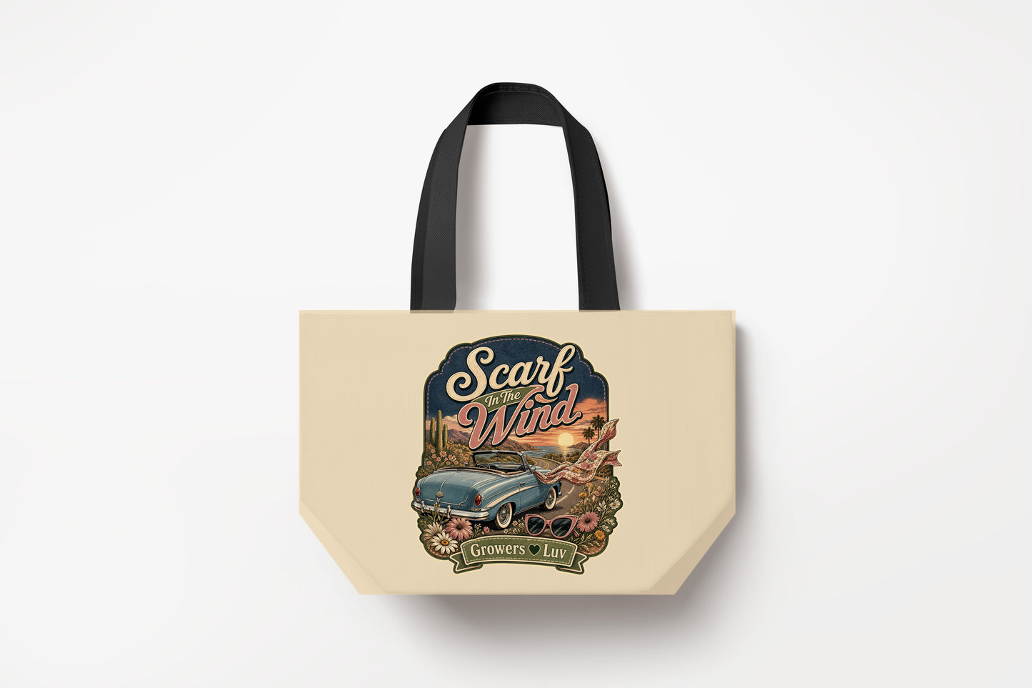 Scarf In The Wind Large Natural Tote Bag product mockup on natural tote bag
