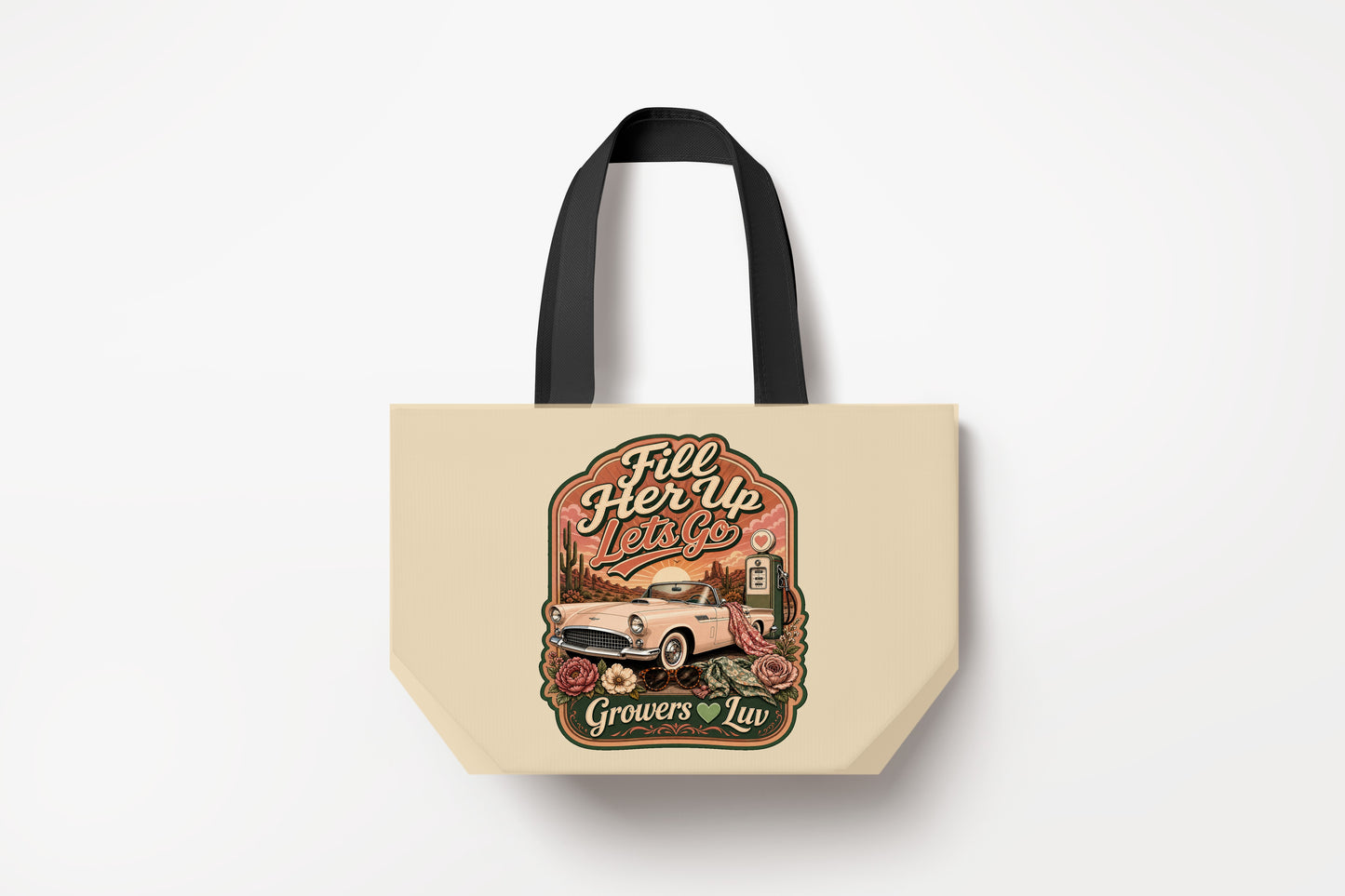 Fill Her Up Lets Go Large Natural Tote Bag product mockup on natural tote bag