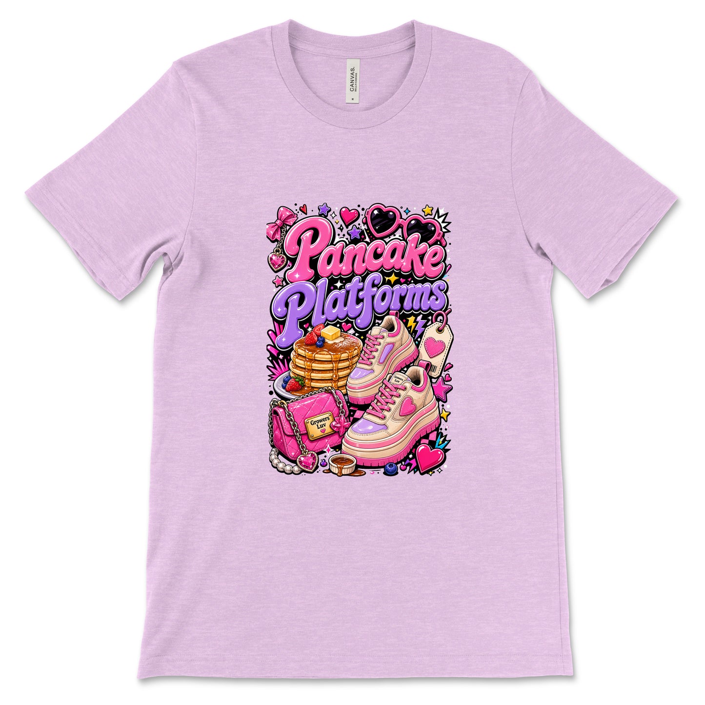 Pancake Platforms Women's Bella Canvas Graphic Tee in Heather Prism Lilac