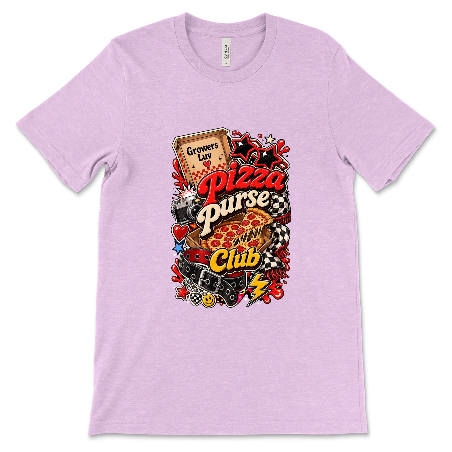 Pizza Purse Club Women's Bella Canvas Graphic Tee in Heather Prism Lilac