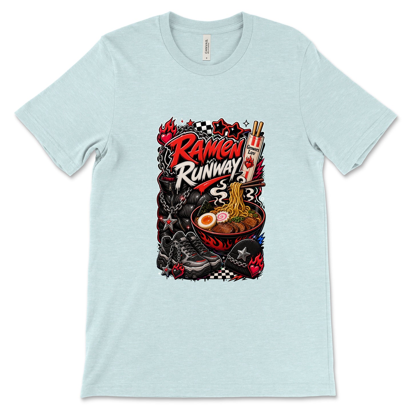 Ramen Runway Women's Bella Canvas Graphic Tee in Heather Ice Blue