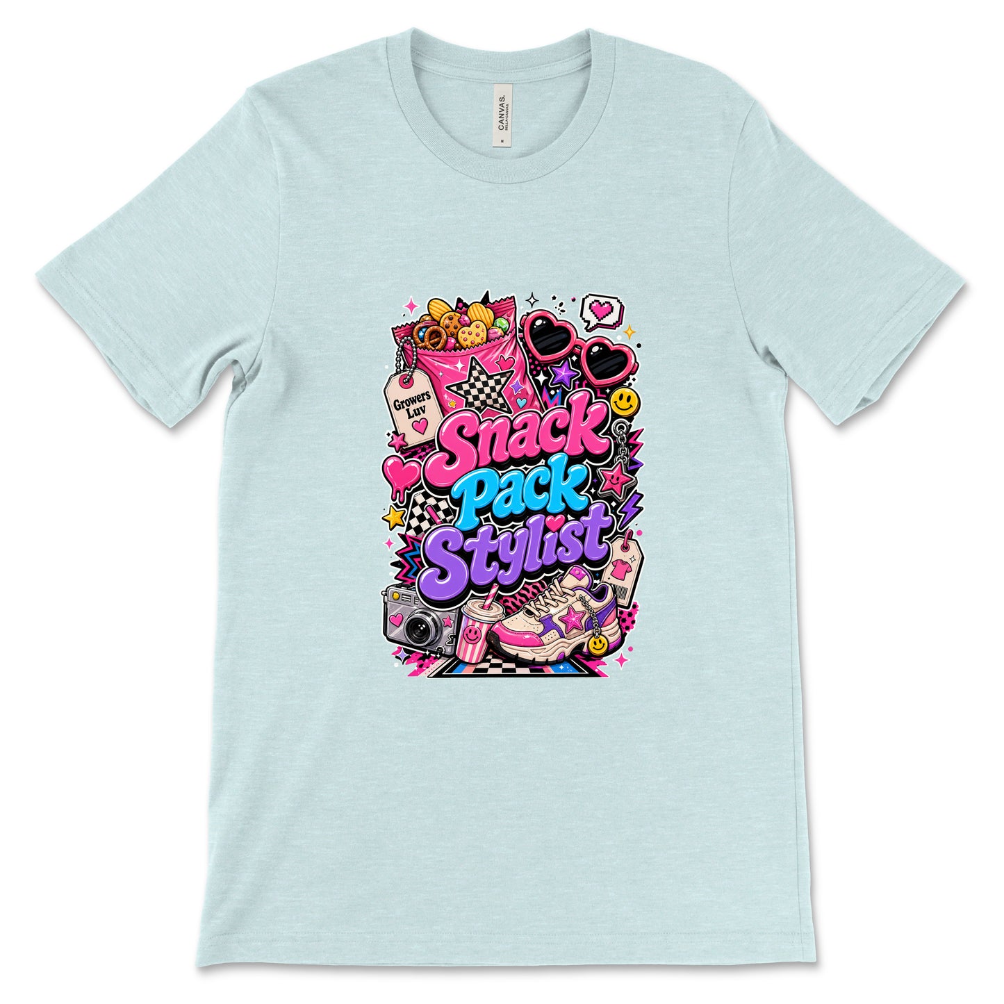 Snack Pack Stylist Women's Bella Canvas Graphic Tee in Heather Ice Blue