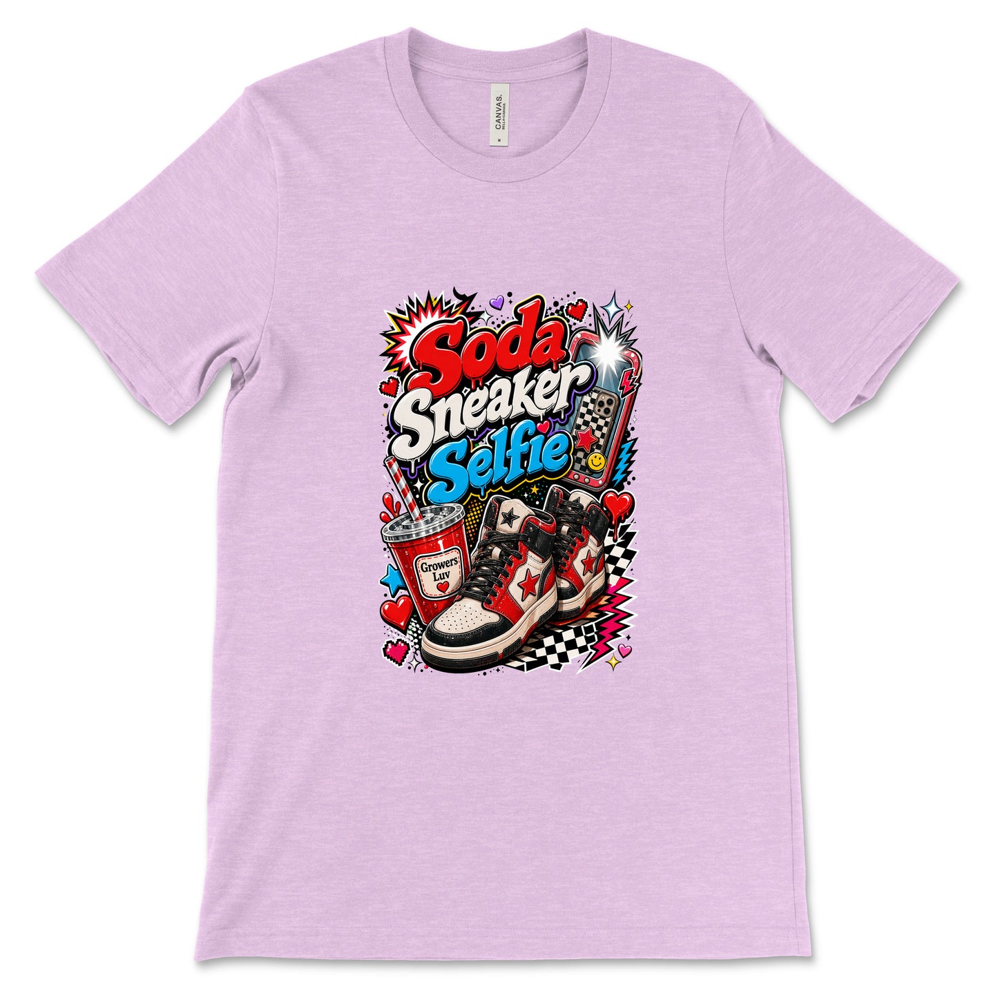 Soda Sneaker Selfie Women's Bella Canvas Graphic Tee in Heather Prism Lilac